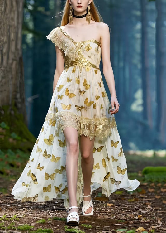 Elegant One Shoulder Butterfly Print Chiffon Vestidos Dresses Summer