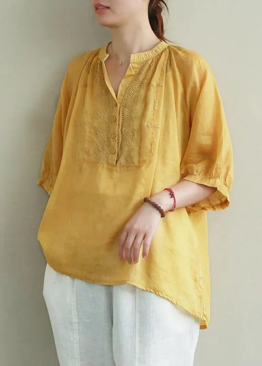 Art yellow embroidery linen tunic top v neck Button Down silhouette summer blouses