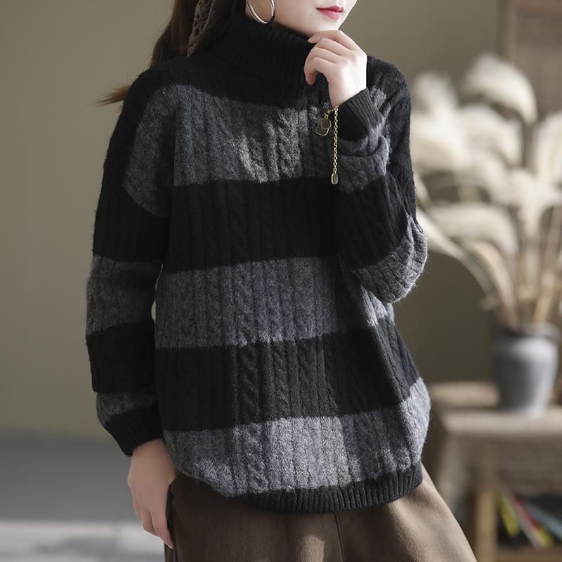 Winter Thick Stripe Turtleneck Loose Retro Sweater