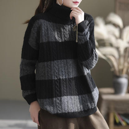 Winter Thick Stripe Turtleneck Loose Retro Sweater