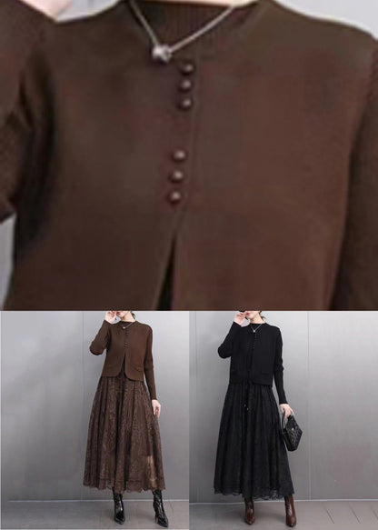 Elegant Coffee O-Neck Waistcoat And Lace Maxi Skirts Two Pieces Set Spring