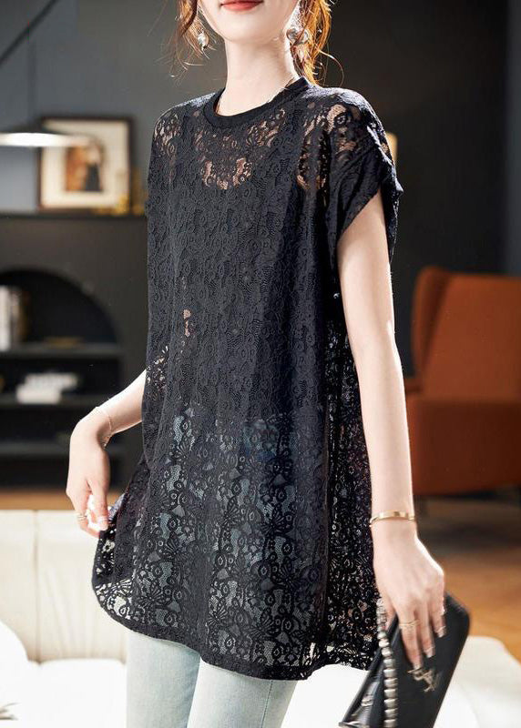 Women Black O Neck Hollow Out Lace Top Summer