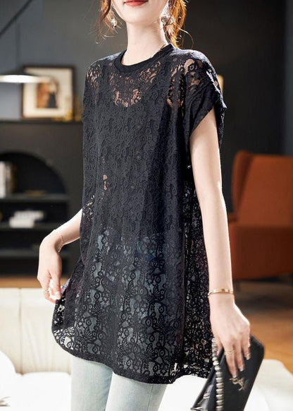 Women Black O Neck Hollow Out Lace Top Summer