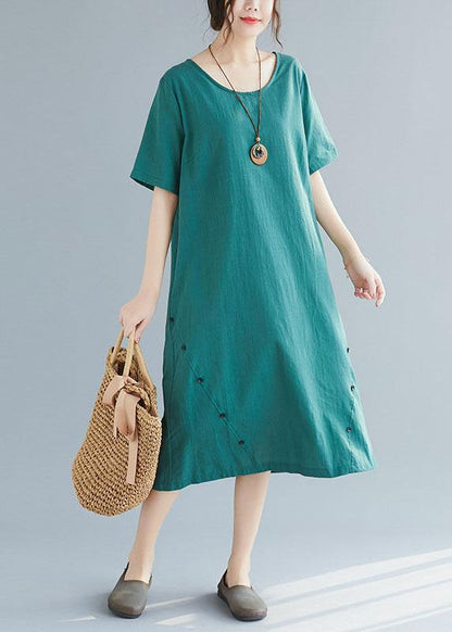 Elegant green Button decorated linen dresses wild summer Dresses