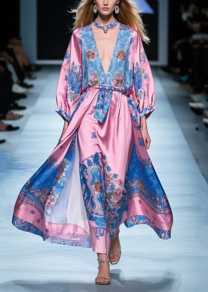 Beautiful Rose V Neck Print Silk Maxi Dresses Spring
