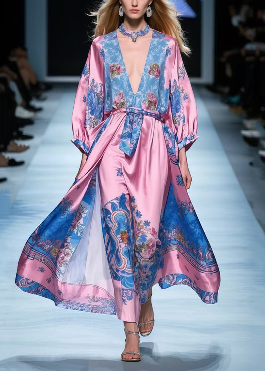 Beautiful Rose V Neck Print Silk Maxi Dresses Spring