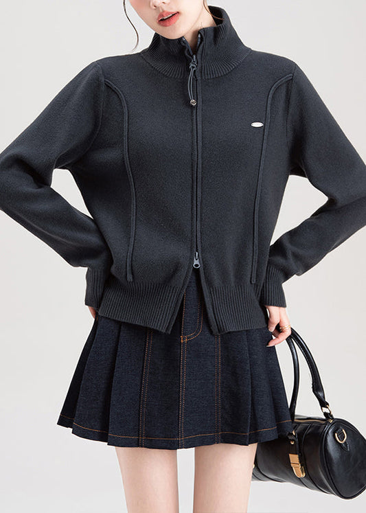 Fashion Dark Grey Zip Up High Neck Knit Sweaters Coat Fall
