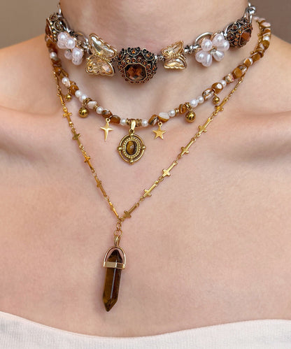 Floral Brown Tiger's Eye Pearl Butterfly Titanium Steel Three Piece Set Pendant Necklace