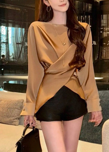 French Rose Slash Neck Asymmetrical Tie Waist Shirt Spring