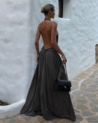 Sexy Halter Backless Solid Color Pleated Dress