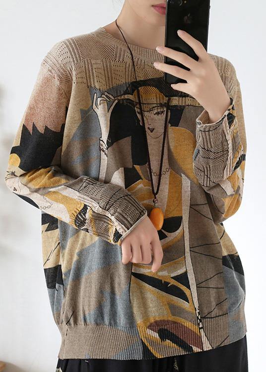 Cute o neck yellow print sweaters Loose fitting Batwing Sleeve knitted top