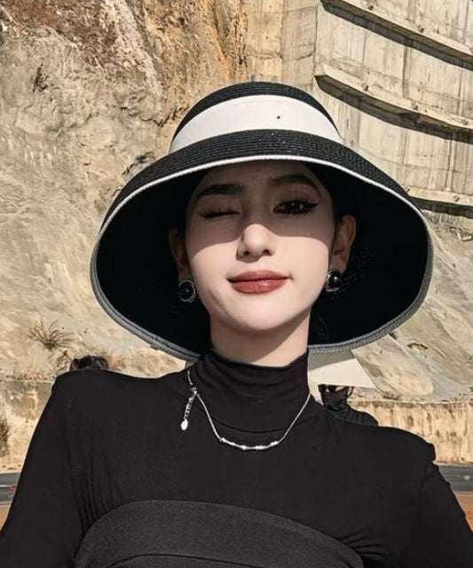 Fashion Black Bow Straw Woven Bucket Hat