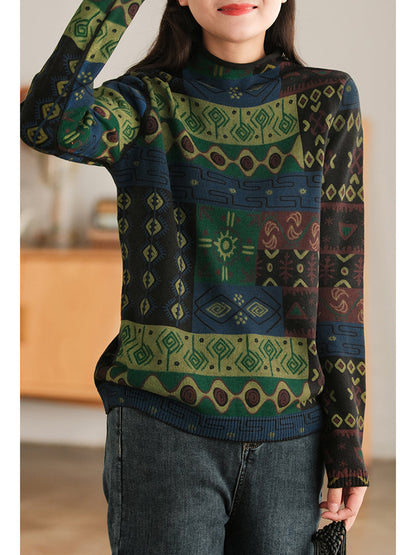 Half-High Collar Cotton Colorblock Women Autumn Casual Sweater