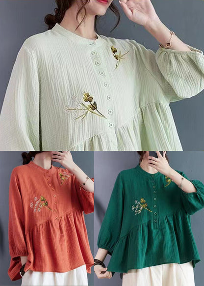 Elegant Brick Red Embroidered Cotton Tops Summer