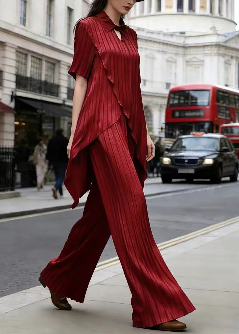 Chic Red Asymmetrical Top And Pants Silk Two Pieces Set Summer