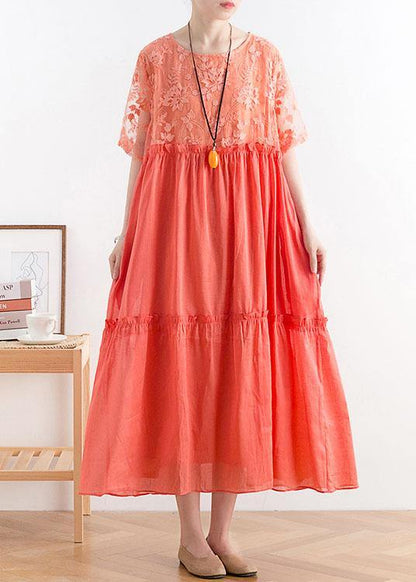 Summer French Orange Patchwork O-Neck Cotton Long Dresses