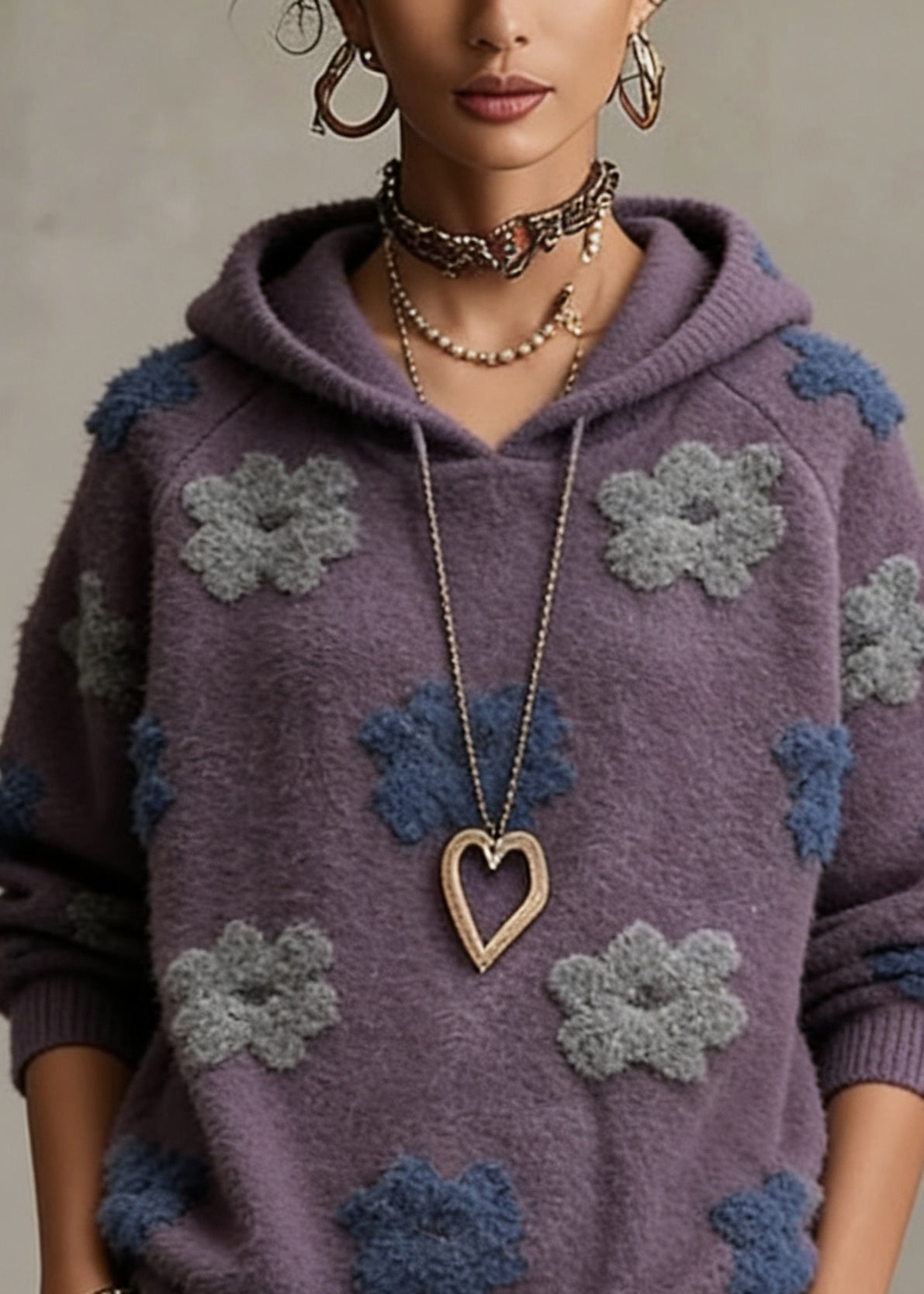 Plus Size Purple Floral Hooded Cotton Knit Sweaters Spring