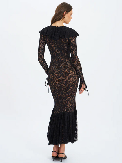 Sexy Long Sleeve Low-Cut Lace Stitching Dress