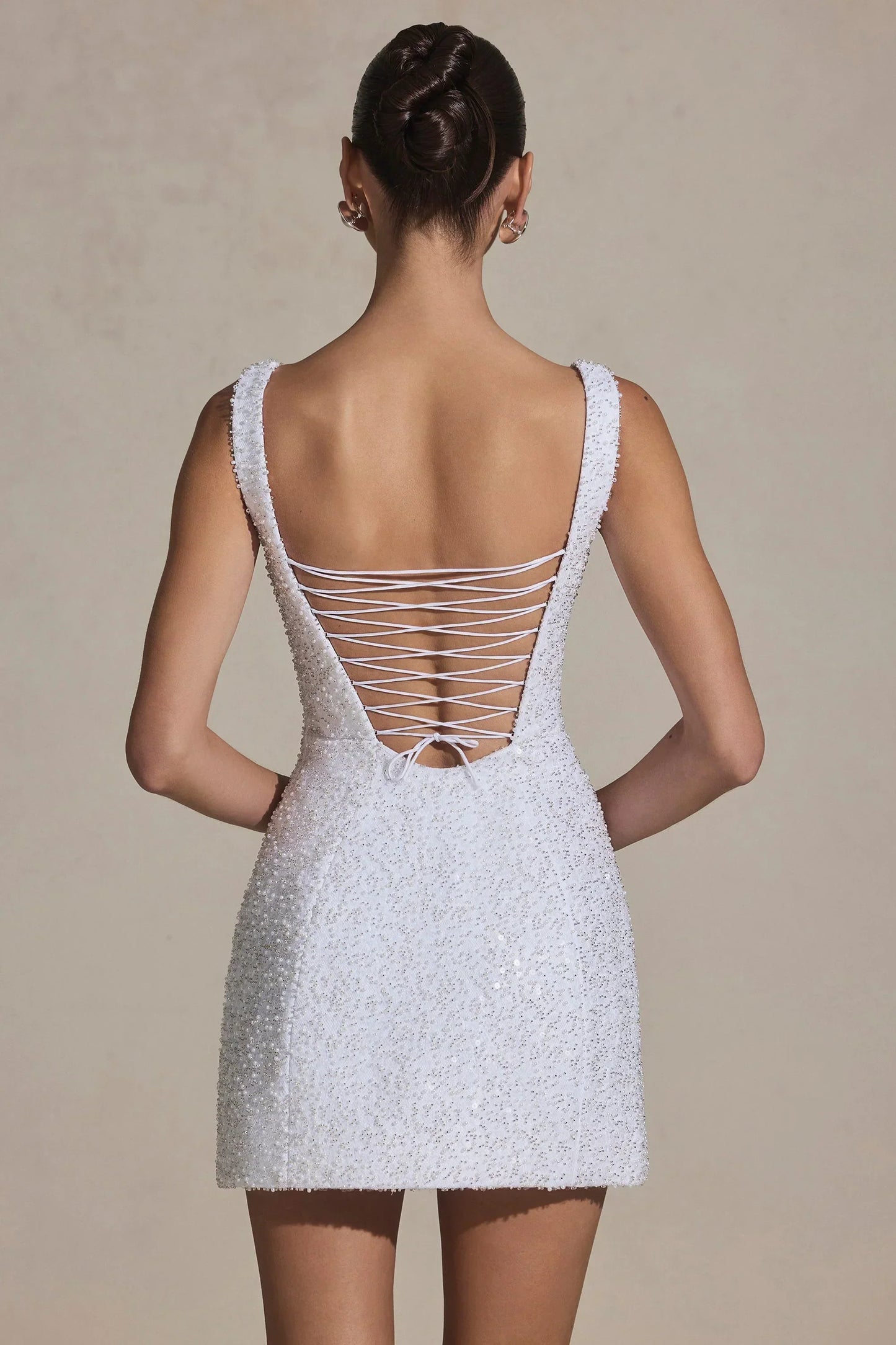Embellished Structured A-Line Mini Dress In White