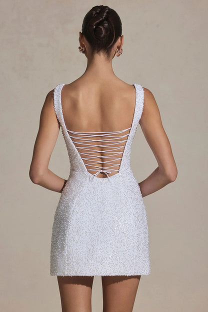 Embellished Structured A-Line Mini Dress In White
