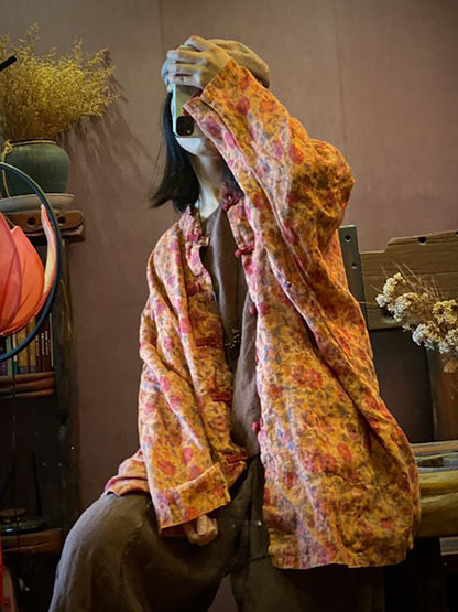 Women Print Vintage Linen Loose Coat