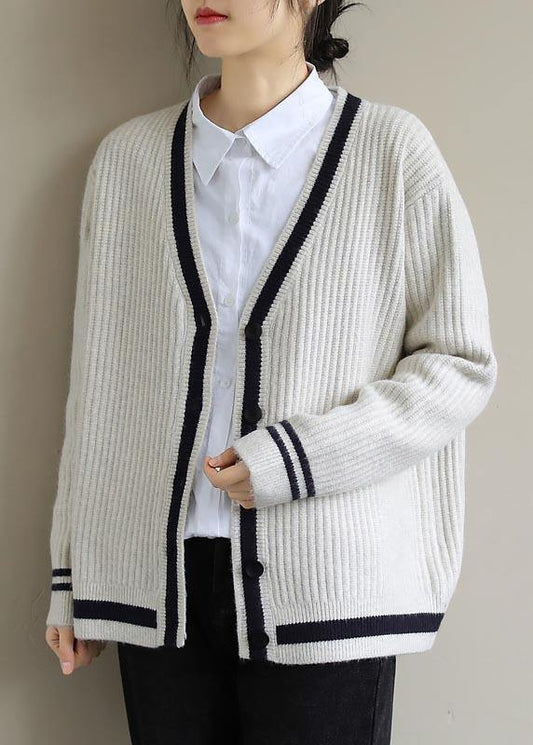 Fashion Beige Sweater Blouse V Neck Button Down  Sweaters