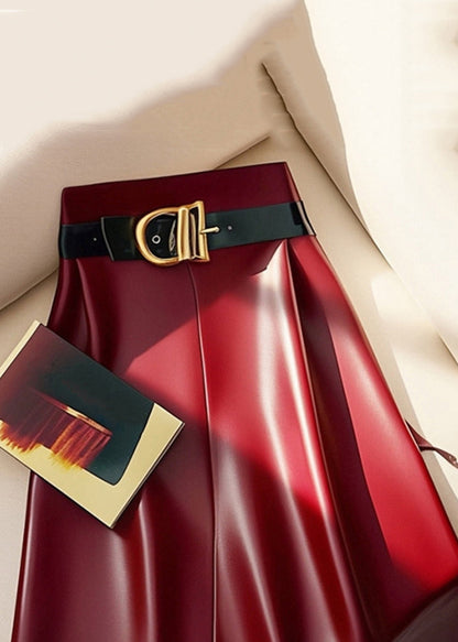 Stylish Red Sashes Solid High Waist Faux Leather Skirts Winter