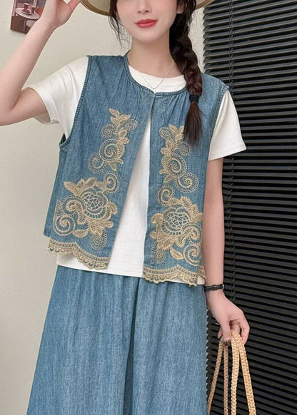 Elegant Light Green Embroideried Denim Vests Summer