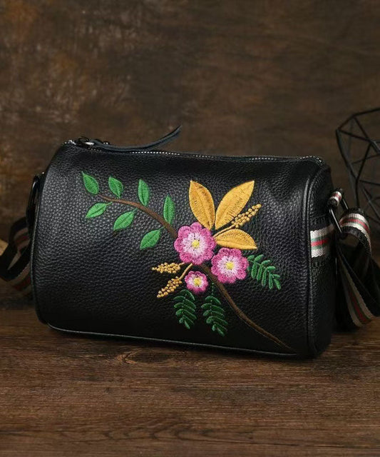 Women Black Embroideried Calf Leather Round Bag