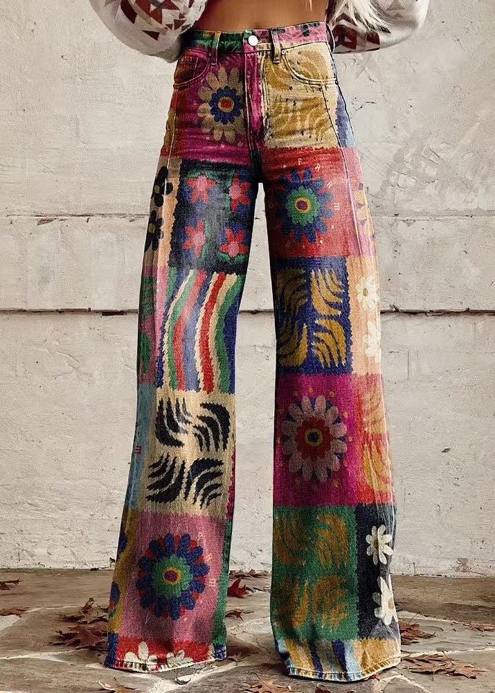 Chic Blue Print Pockets Denim Wide Leg Pants Spring