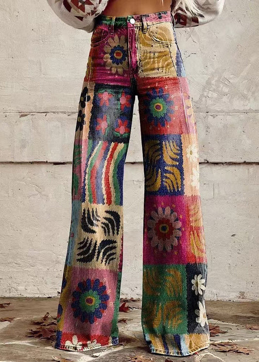 Chic Blue Print Pockets Denim Wide Leg Pants Spring