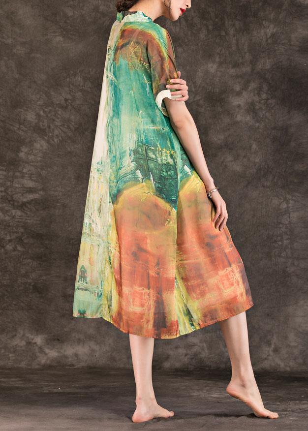 Beautiful green print linen clothes For Women v neck patchwork Maxi summer Dresses