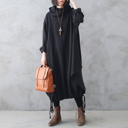 Women Retro Loose Autumn Winter Solid Hooded Dress