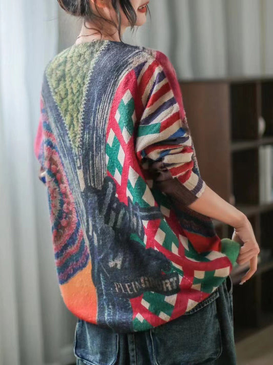 Women Print O-Neck Vintage Long Sleeve Sweater