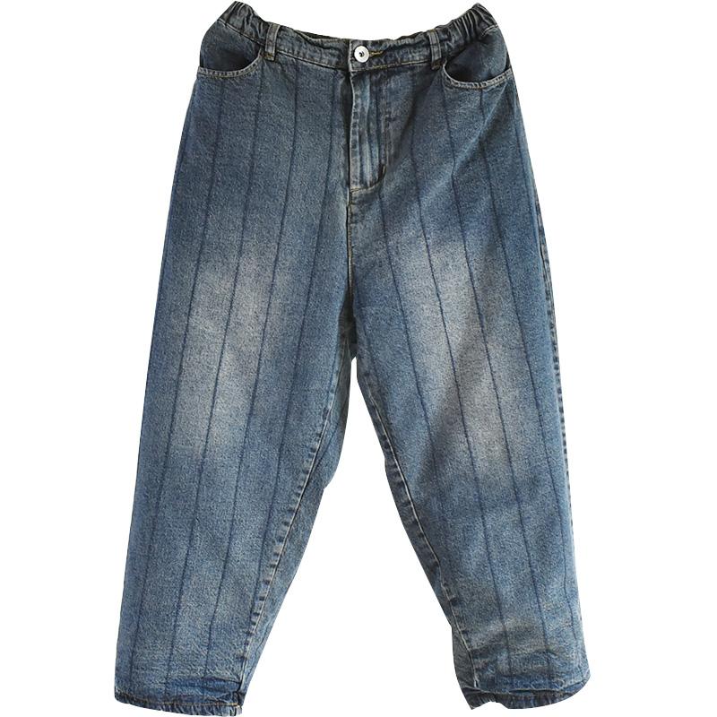 Winter Oversized Cotton Elastic Waist Plush Jeans