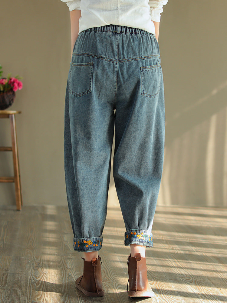 Vintage Ripped Embroidered Denim Harem Pants