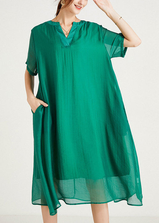 Women Green V Neck Plus Size Cotton Dresses Summer