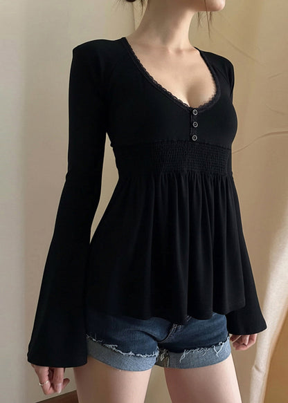 Loose Black V Neck Lace Solid Cotton T Shirts Flare Sleeve