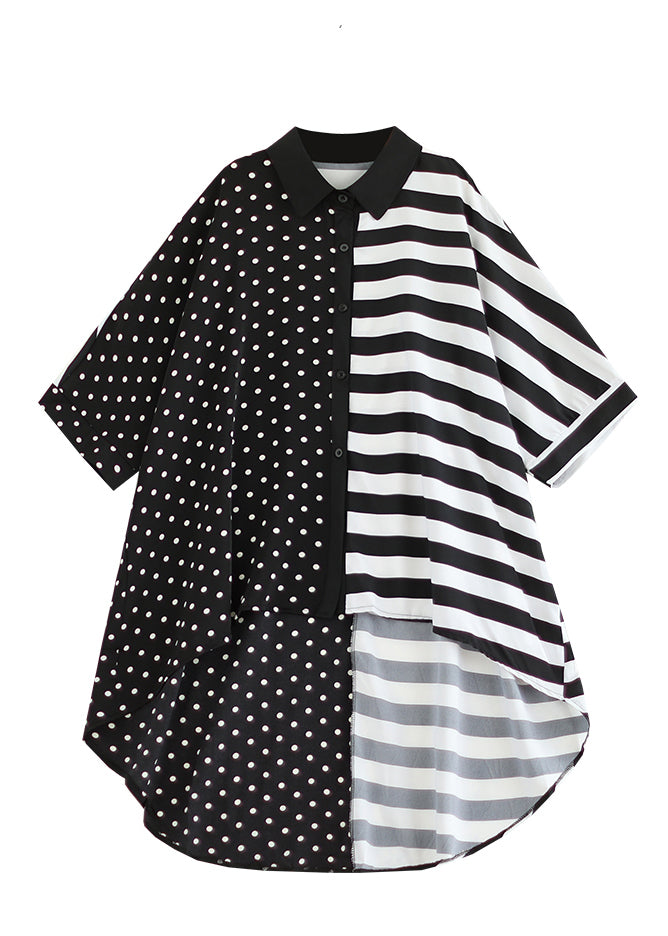 Plus Size Colorblock Peter Pan Collar Low High Design Cotton Shirt Tops Summer