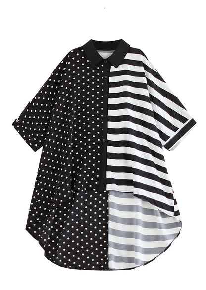 Plus Size Colorblock Peter Pan Collar Low High Design Cotton Shirt Tops Summer