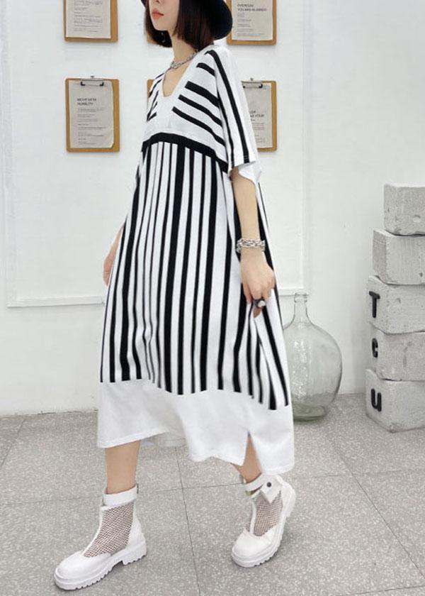 Chic White Striped Cotton Dress V Neck Summer Long Dresses