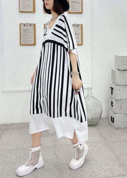 Chic White Striped Cotton Dress V Neck Summer Long Dresses