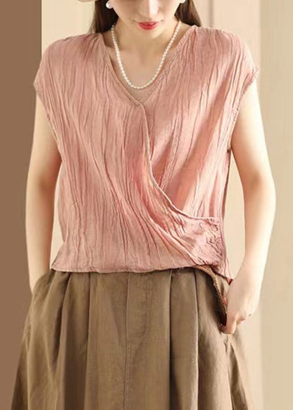 Art Khaki V Neck Wrinkled Cotton T Shirt Sleeveless