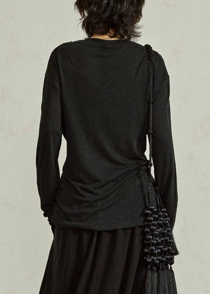 Casual Black O-Neck Tie Waist Tops Fall