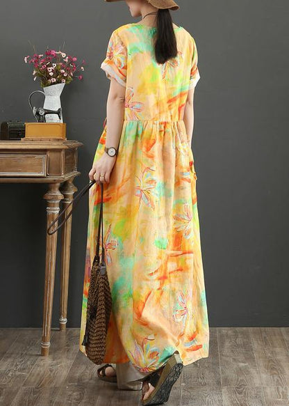 Beautiful o neck drawstring cotton linen summer clothes purple print Dress