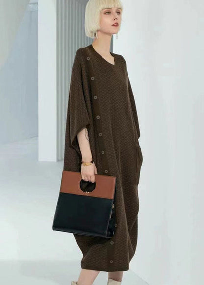 Boutique Coffee O-Neck Patchwork Button Long Wool Knit Dress Bracelet Sleeve