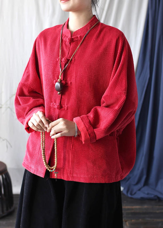 Vintage Red Chinese Button Pockets Corduroy Jackets Spring