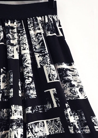 French Black Print Pockets Elastic Waist Silk Pants Summer