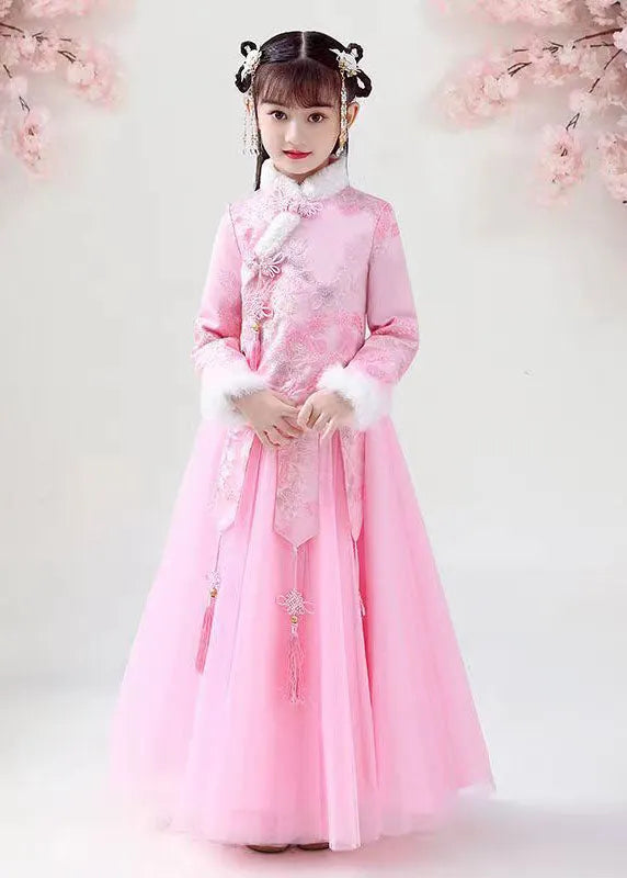 Style Pink Embroideried Warm Fleece Girls Coats And Tulle Maxi Skirts Two Pieces Set Long Sleeve