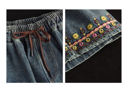 Vintage Embroidered Ripped Denim Slim A-Line Skirt